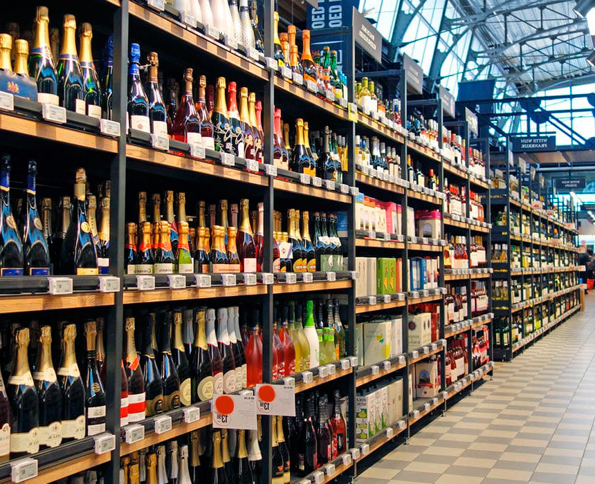 A shelf of wines